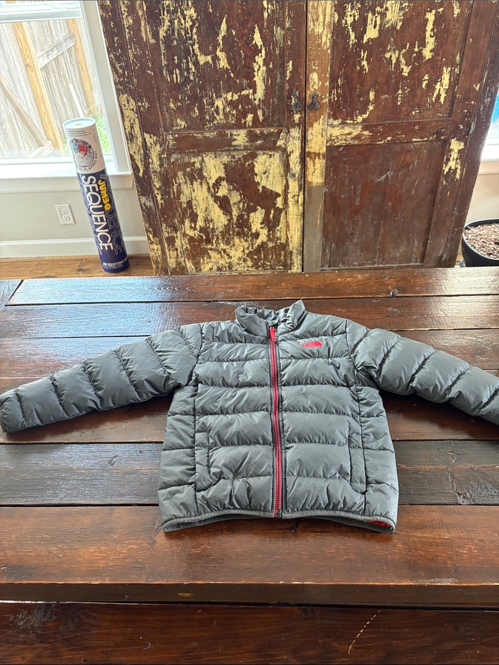 The North Face Kids Gray Puffer Jacket with Red Accents